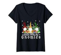 Womens Chillin with My Gnomies Funny Christmas Gnome Family Xmas V-Neck T-Shirt