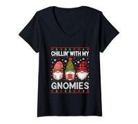 Womens Chillin' with My Gnomies Funny Christmas Gnome Lovers V-Neck T-Shirt