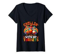 Womens Chillin' with My Turkeys Three Colorful Turkeys Thanksgiving V-Neck T-Shirt
