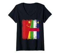 Womens China Central African Republic Half Flag Chinese CAR Roots V-Neck T-Shirt