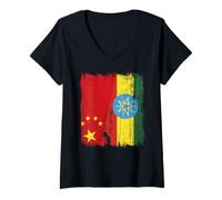 Womens China Ethiopia Half Flag Chinese Ethiopian Roots V-Neck T-Shirt