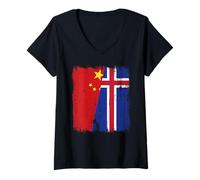 Womens China Iceland Half Flag Chinese Icelandic Jersey V-Neck T-Shirt