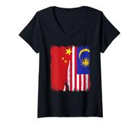 Womens China Malaysia Half Flag Chinese Malaysian Heritage Jersey V-Neck T-Shirt
