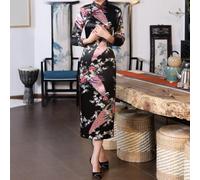 Women's Chinese Cheongsam Dress Traditional Long Split Slim fits Standing Collar Imitation Satin Evening Party Gown for Wedding Celebration Style(M Black)