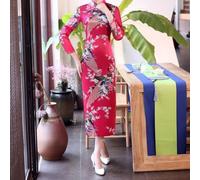 Women's Chinese Cheongsam Dress Traditional Long Split Slim fits Standing Collar Imitation Satin Evening Party Gown for Wedding Celebration Style(XL Red)