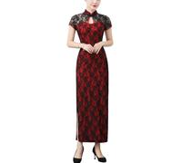 Women's Chinese Cheongsam Mandarin Collar Traditional Side Slit Mini Cocktail Dress Bodycon Costume, Red/Black, L