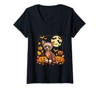 Womens Chinese Crested Halloween Cute Spooky Dog Pumpkin V-Neck T-Shirt