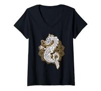 Womens Chinese Dragon Mandala Style Zodiac Mythological Graphic V-Neck T-Shirt