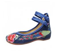 Women's Chinese Embroidered Flats Asian Traditional Mary Jane Brida Ballet Yoga Shoes with Rubber Sole Frog Button Peacock Blue