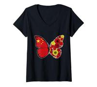Womens Chinese Girls Roots China Flag Pride Heritage Butterfly V-Neck T-Shirt