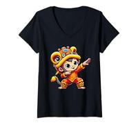 Womens Chinese Lunar New Year 2025 Dabbing Monkey Lion Dance V-Neck T-Shirt