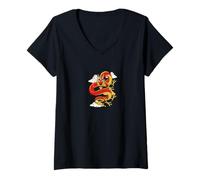 Womens Chinese Lunar New Year Red Dragon Lover 2 V-Neck T-Shirt
