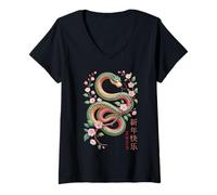 Womens Chinese New Year Snake 2025 Lunar Zodiac Asian Festival V-Neck T-Shirt
