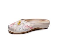 Women's Chinese Style Closed Toe Slippers Ethnic Style Flower Embroidered Flat Mules Elegant Cheongsam Hanfu Shoes Round Toe Fashion Sandals(Beige,6.5 UK)