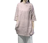Women's Chinese Style Cotton Linen Long Shirt - Vintage Embroidered Hanfu Tunic with Frog Buttons Loose Fit Zen Blouse for Meditation Tea Ceremony Casual Summer Wear (Pink,3XL)