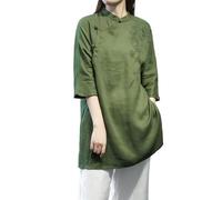 Women's Chinese Style Cotton Linen Long Shirt - Vintage Embroidered Hanfu Tunic with Frog Buttons Loose Fit Zen Blouse for Meditation Tea Ceremony Casual Summer Wear (Green,M)