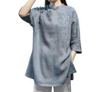 Women's Chinese Style Cotton Linen Long Shirt - Vintage Embroidered Hanfu Tunic with Frog Buttons Loose Fit Zen Blouse for Meditation Tea Ceremony Casual Summer Wear (Blue,XXL)