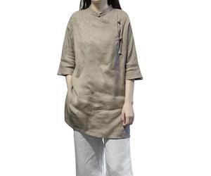 Women's Chinese Style Cotton Linen Long Shirt - Vintage Embroidered Hanfu Tunic with Frog Buttons Loose Fit Zen Blouse for Meditation Tea Ceremony Casual Summer Wear (Khaki,M)