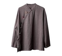 Women's Chinese Style Cotton Linen Tops Handmade Retro Frog Button Long Sleeve Loose Shirts Traditional Hanfu Blouse(Brown,S)