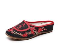 Women's Chinese Style Embroidered Flat Shoes Round Toe Backless Mules Lightweight Comfort Closed Toe Slippers Ethnic Style Casual Home Slippers(Black,4 UK)