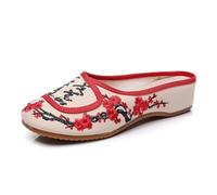 Women's Chinese Style Embroidered Flat Shoes Round Toe Backless Mules Lightweight Comfort Closed Toe Slippers Ethnic Style Casual Home Slippers(Beige,5.5 UK)