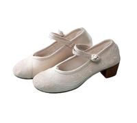 Women's Chinese Style Flower Embroidered Mid-Heel Shoes Elegant Cheongsam Hanfu Ankle Strap Shoes Lightweight Comfort Work Walking Shoes Mary Jane Dance Shoes(Beige,6.5 UK)