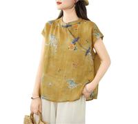 Women's Chinese Style Handmade Frog Button Tee Tops Exquisite Printed Short Sleeve Shirts Casual Cotton Linen Blouse(L) Yellow