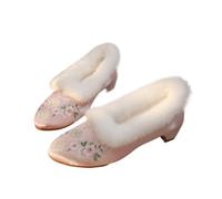 Women's Chinese Style Satin Floral Embroidered Ankle Boots Warm Plush Lined Winter Cheongsams Hanfu Shoes Non-Slip Low Heel Stage Performance Oriental Shoes(Pink,38 EU)