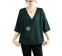 Women's Chinese Style Satin Lace-Up Cardigan Tops Casual 3/4 Sleeve Loose Shirts Traditional Embroidered Hanfu Blouse(Green,XXL)