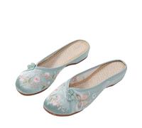 Women's Chinese Style Shoes Satin Exquisite Flowers Embroidery Flat Slippers Summer Soft Comfort Round Toe Mules Shoes(Color:Light green,Size:4 UK)