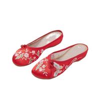Women's Chinese Style Shoes Satin Exquisite Flowers Embroidery Flat Slippers Summer Soft Comfort Round Toe Mules Shoes(Color:Red,Size:5.5 UK)