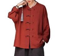 Women's Chinese-Style Top with Frog Buttons, Cotton Linen Blend, Retro Elegant Blouse, Caramel, One Size