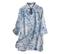 Women's Chinese Traditional Shirts - Summer Linen Blouse with Mandarin Collar and Frog Buttons Retro Floral Tunic Tops for Tai Chi Practice Casual Wear for Outdoor Daily Use (Blue,XL)