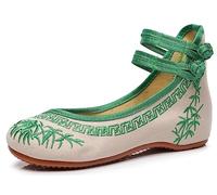 Women's Chinese Traditional Style Embroidery Shoes Ankle Strap Mary Jane Flats Rubber Sole Pumps Shoes Bamboo Embroidery Blossom Dress Shoes(Grn,3 UK)