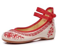 Women's Chinese Traditional Style Embroidery Shoes Ankle Strap Mary Jane Flats Rubber Sole Pumps Shoes Bamboo Embroidery Blossom Dress Shoes(Rojo,6 UK)