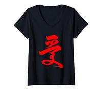 Womens Chinese Writing Love Symbol Red Hanzi Calligraphy Gift V-Neck T-Shirt