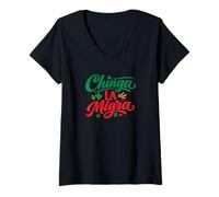 Women's Chinga La Migra Mexican Typography Statement Design V-Neck T-Shirt