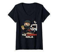 Womens Chippy Ninja Funny Fish, Chips Van Foodie Humor V-Neck T-Shirt