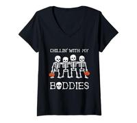 Womens Chlling with My Boddies Funny Skeletons Buddies Halloween V-Neck T-Shirt