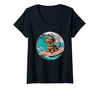 Womens Chocolate Dachshund Surfing Summer Vibes Beach Surfer Wave V-Neck T-Shirt