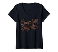 Womens Chocolate Dripping Script Thunder Dessert Typography V-Neck T-Shirt