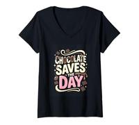 Women's Chocolate Saves The Day Funny Chocolate Lover V-Neck T-Shirt