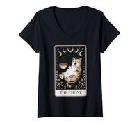 Women's Chonk Cat Tarot Card Celestial Ramen Noodle V-Neck T-Shirt