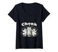 Women's Chonk Cats Happy Dancing Feline Meme V-Neck T-Shirt