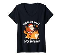 Womens Chonk The Halls Deck The Paws Xmas Santa Riding Cat V-Neck T-Shirt