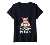 Womens Chonky Pearls Kawaii Pig Boba V-Neck T-Shirt