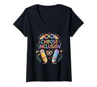 Women's Choose Inclusion Kindness Acceptance Rainbow Design V-Neck T-Shirt