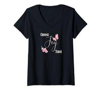 Women's Choose Joy Today Butterfly Floral Quote V-Neck T-Shirt