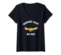 Women's Choose Love Not Hate Rainbow Handshake Pride Message V-Neck T-Shirt