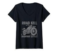 Women's Chopper Motorcycle Road Kill Highway Style Vintage Biker V-Neck T-Shirt